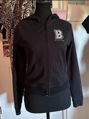 bebe Black Hooded Zip Jacket with 'bebe' Label